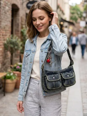 Women's Vintage Denim Shoulder Bag with Double Pocket & Charm — view 2