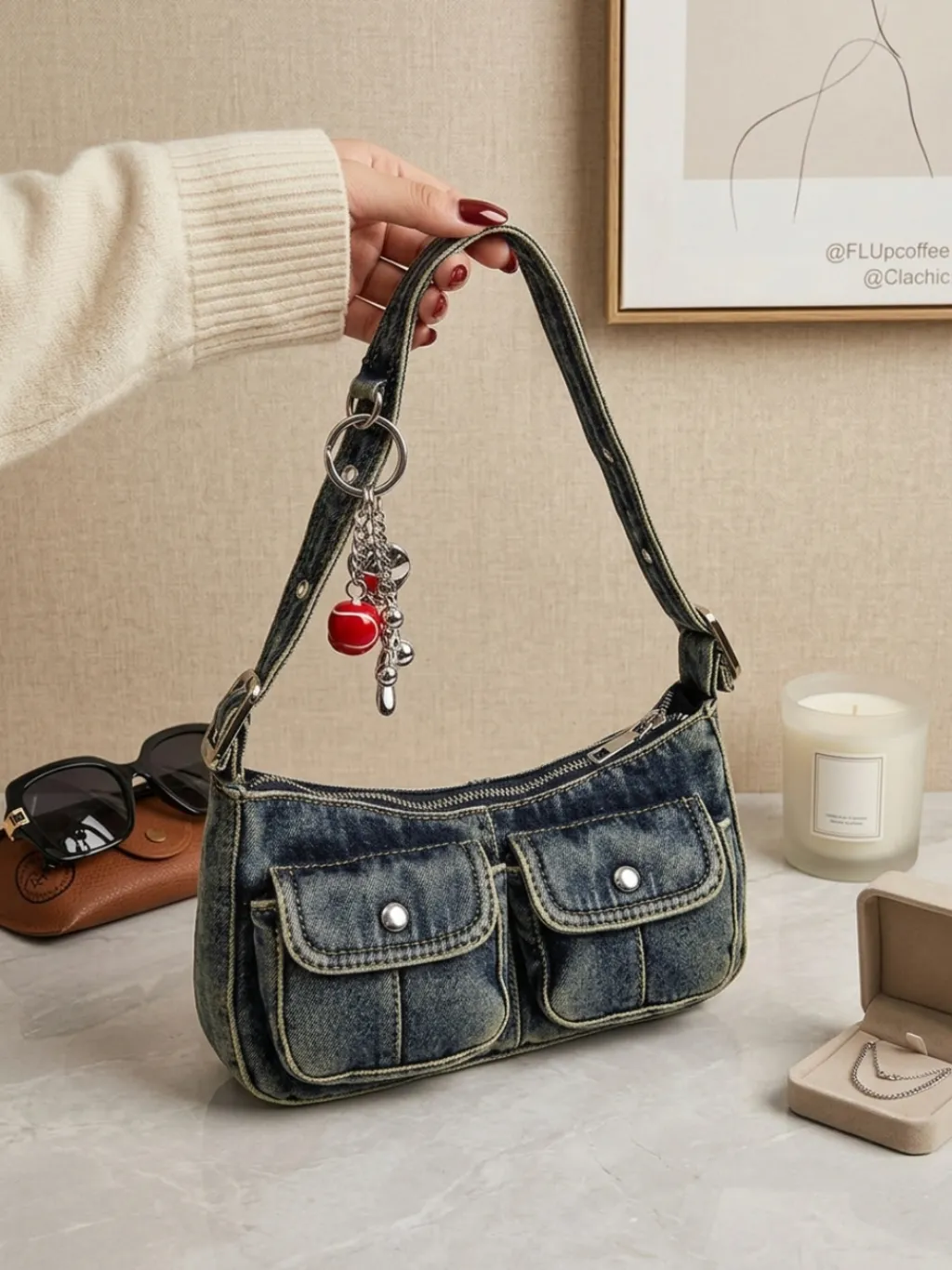 Women's Vintage Denim Shoulder Bag with Double Pocket & Charm — quality denim, made to last