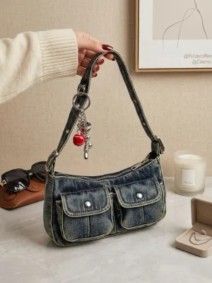 Women's Vintage Denim Shoulder Bag with Double Pocket & Charm — view 3