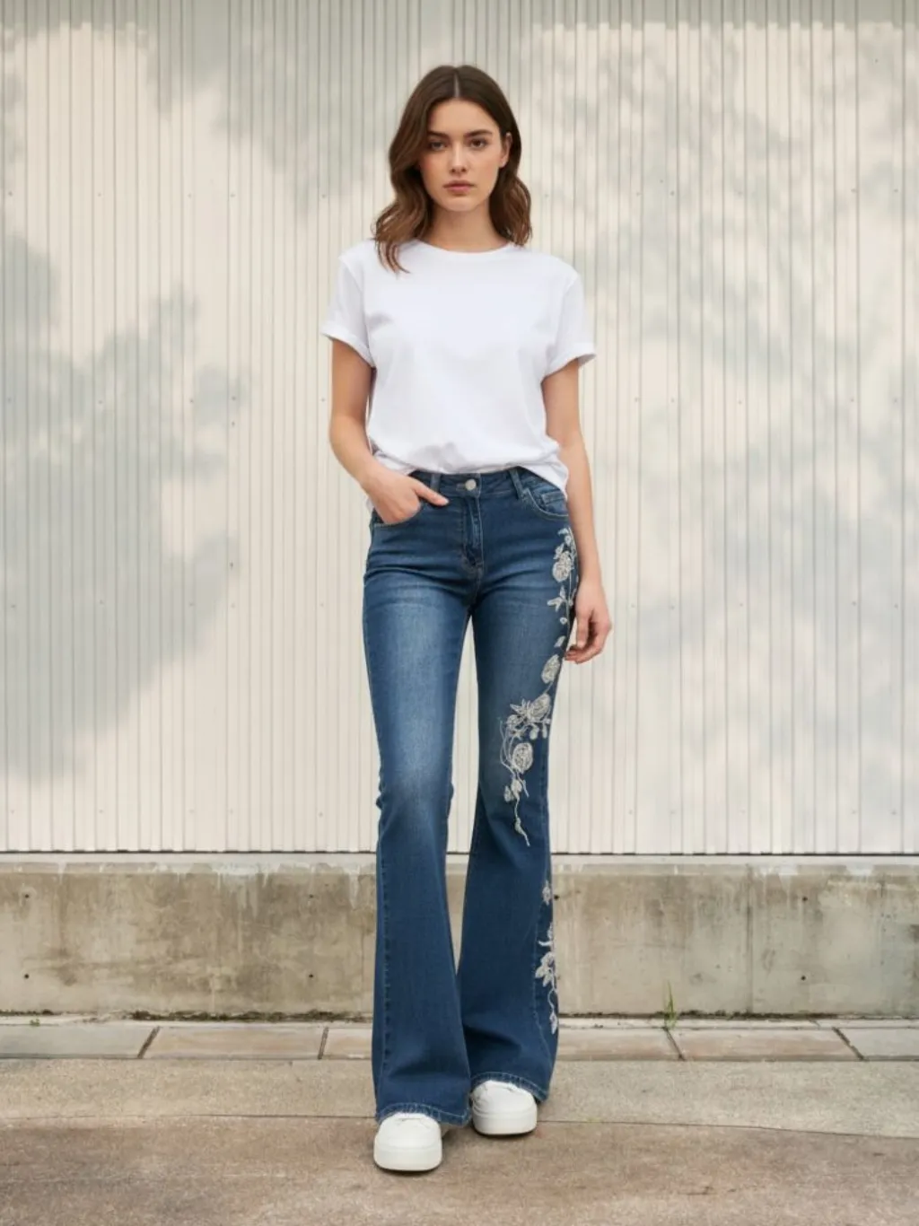 Women's Vintage Flared Jeans with White Floral Embroidery