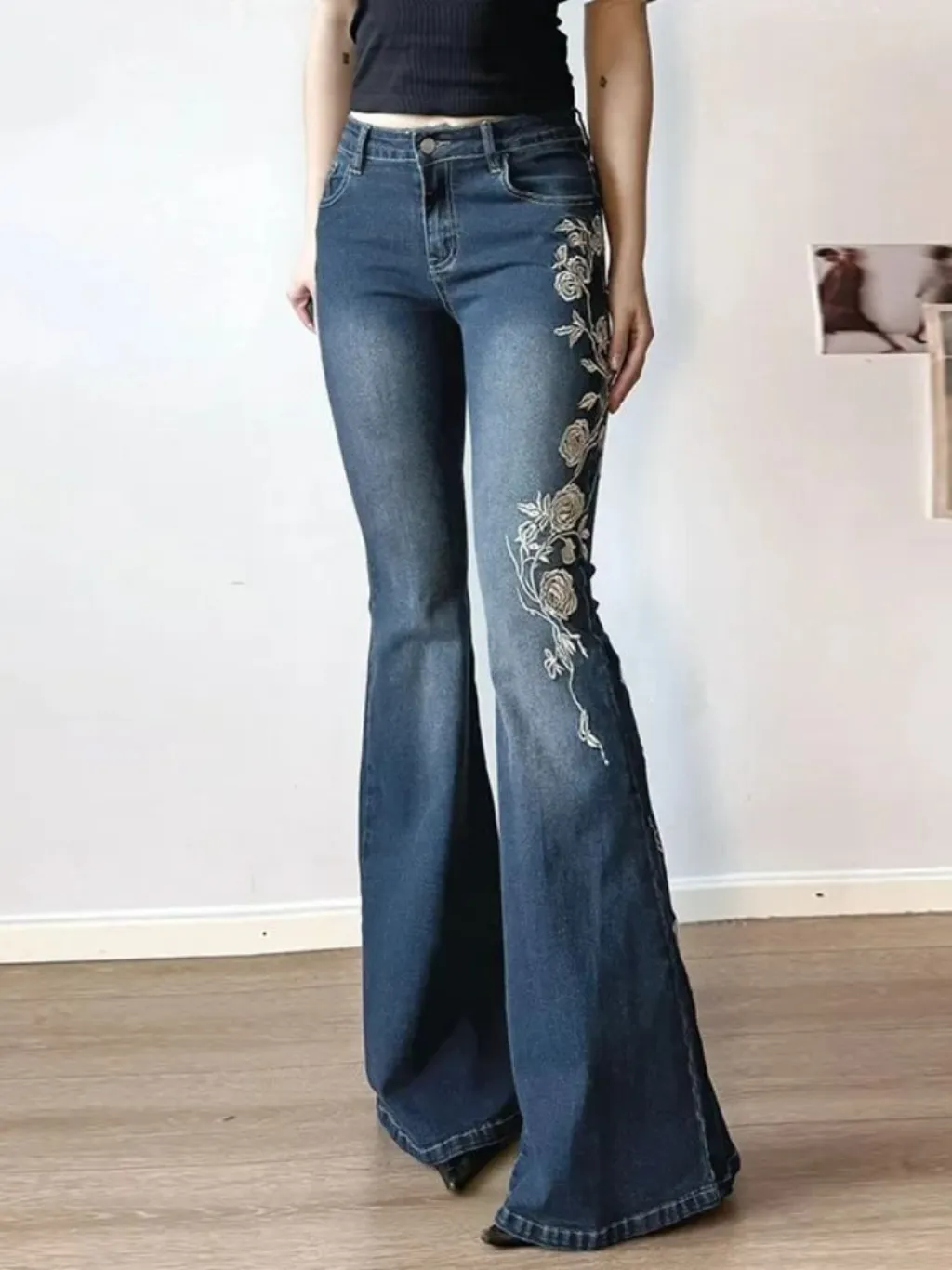 Women's Vintage Flared Jeans with White Floral Embroidery — quality denim, made to last