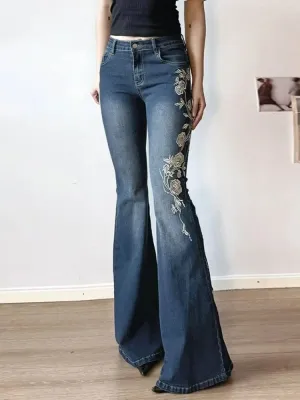Women's Vintage Flared Jeans with White Floral Embroidery — view 3