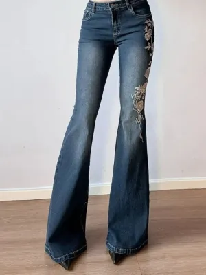 Women's Vintage Flared Jeans with White Floral Embroidery — view 5