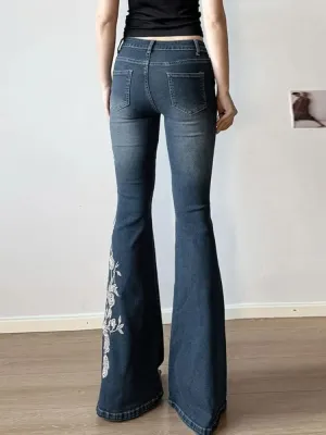 Women's Vintage Flared Jeans with White Floral Embroidery — view 6