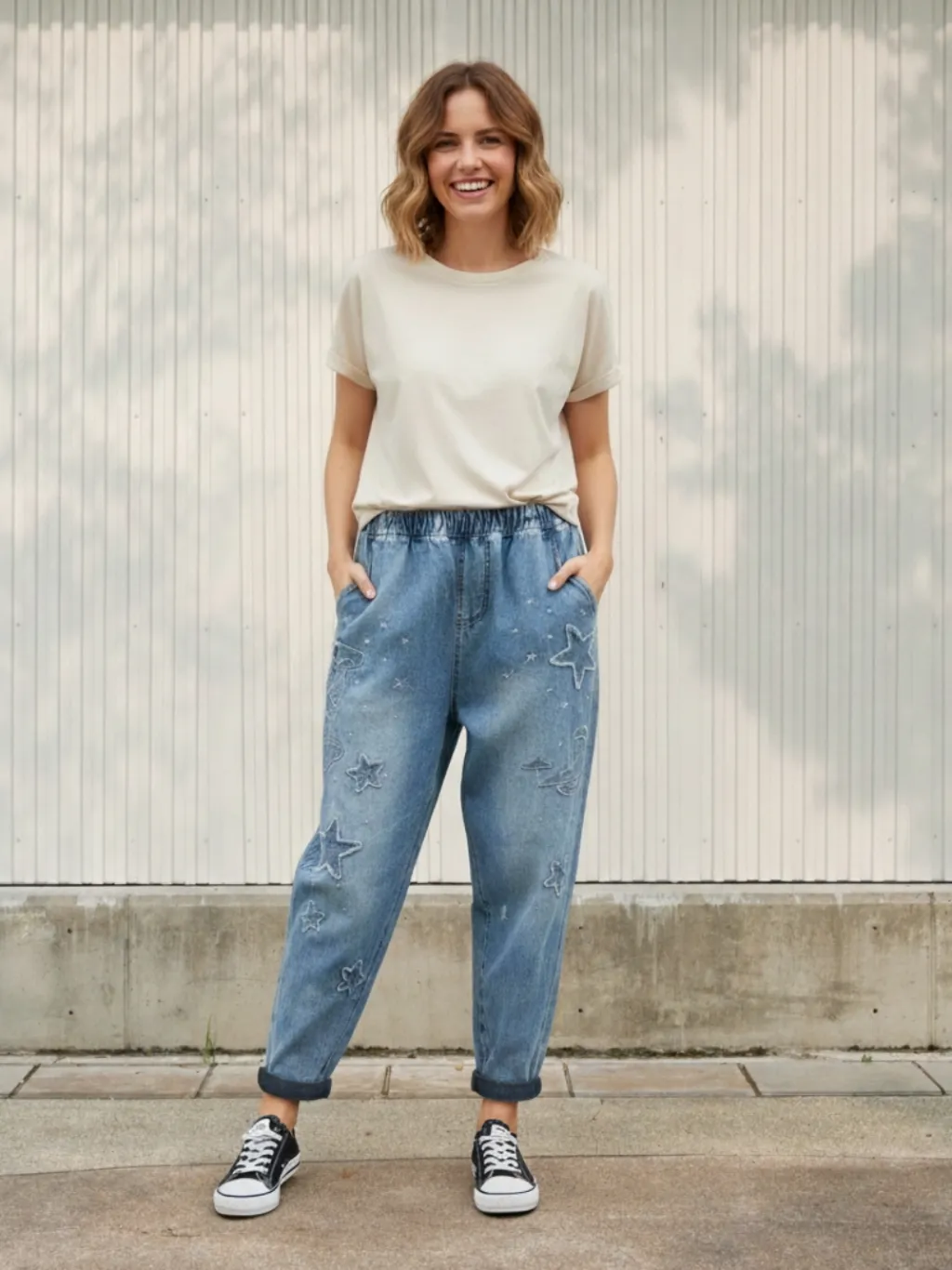 Women's Vintage Jeans with Elastic Waist & Star Motifs