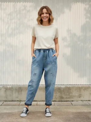 Women's Vintage Jeans with Elastic Waist & Star Motifs — view 1