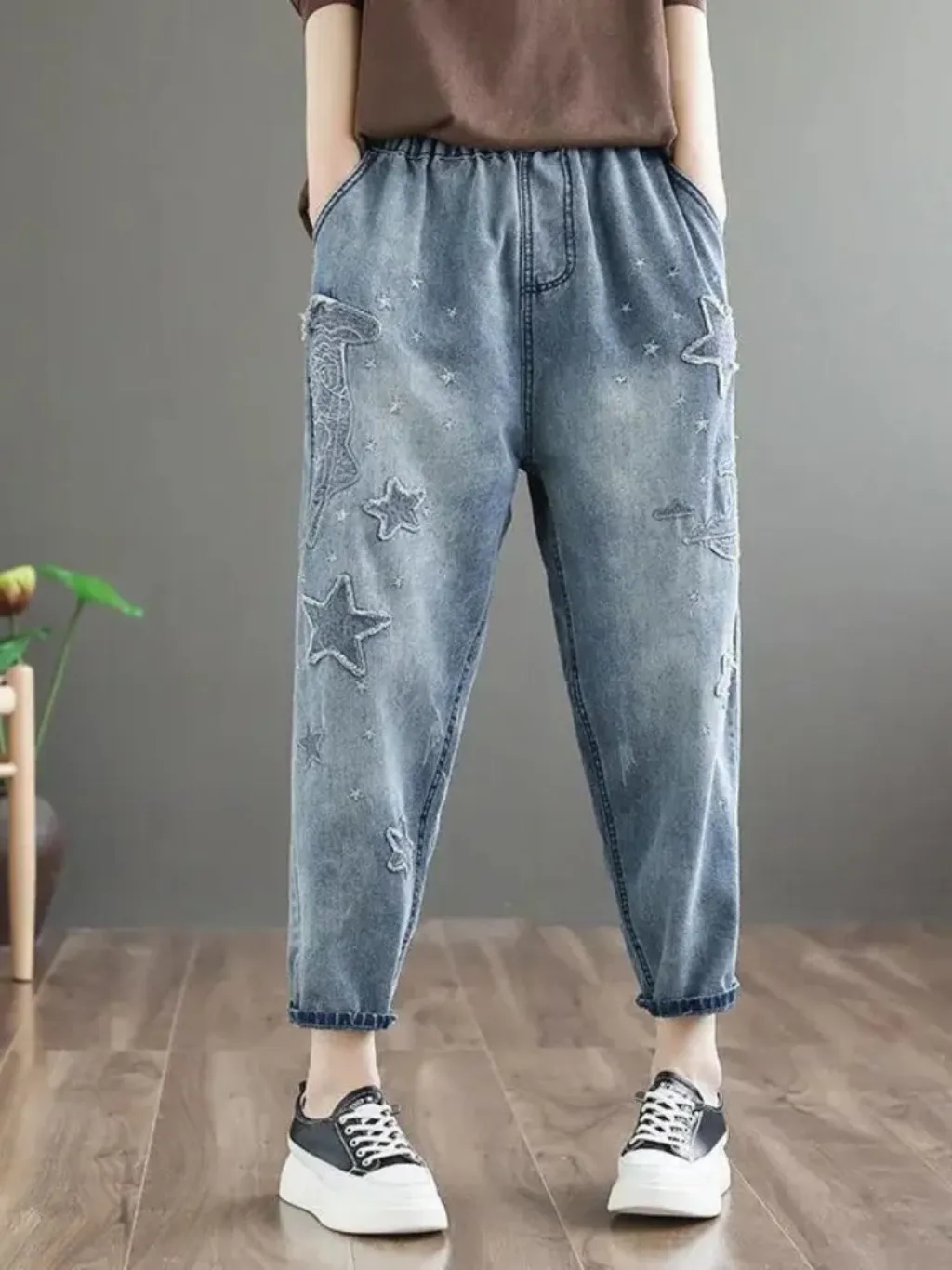 Women's Vintage Jeans with Elastic Waist & Star Motifs — a pair designed to be worn everywhere