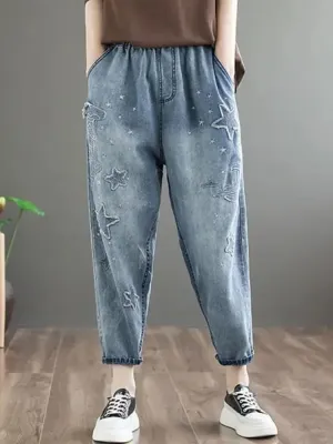 Women's Vintage Jeans with Elastic Waist & Star Motifs — view 3