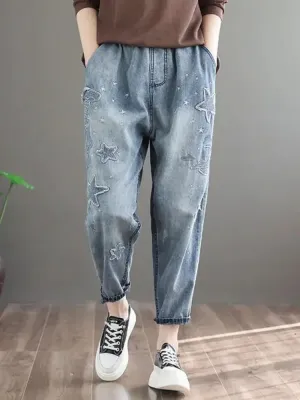 Women's Vintage Jeans with Elastic Waist & Star Motifs — view 5
