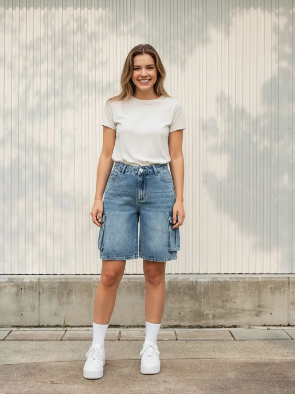 Women's Vintage Washed Blue Denim Shorts, Utility Pockets