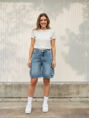 Women's Vintage Washed Blue Denim Shorts, Utility Pockets — view 1