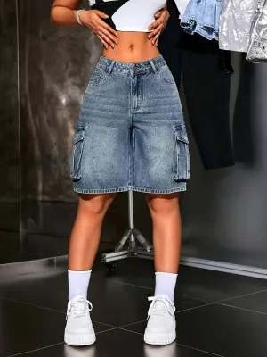 Women's Vintage Washed Blue Denim Shorts, Utility Pockets — view 2
