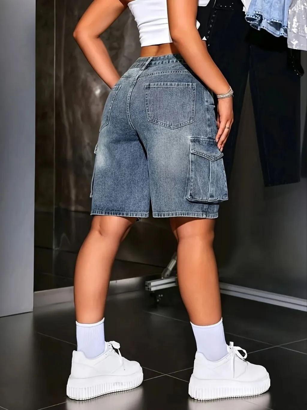 Women's Vintage Washed Blue Denim Shorts, Utility Pockets — quality denim, made to last