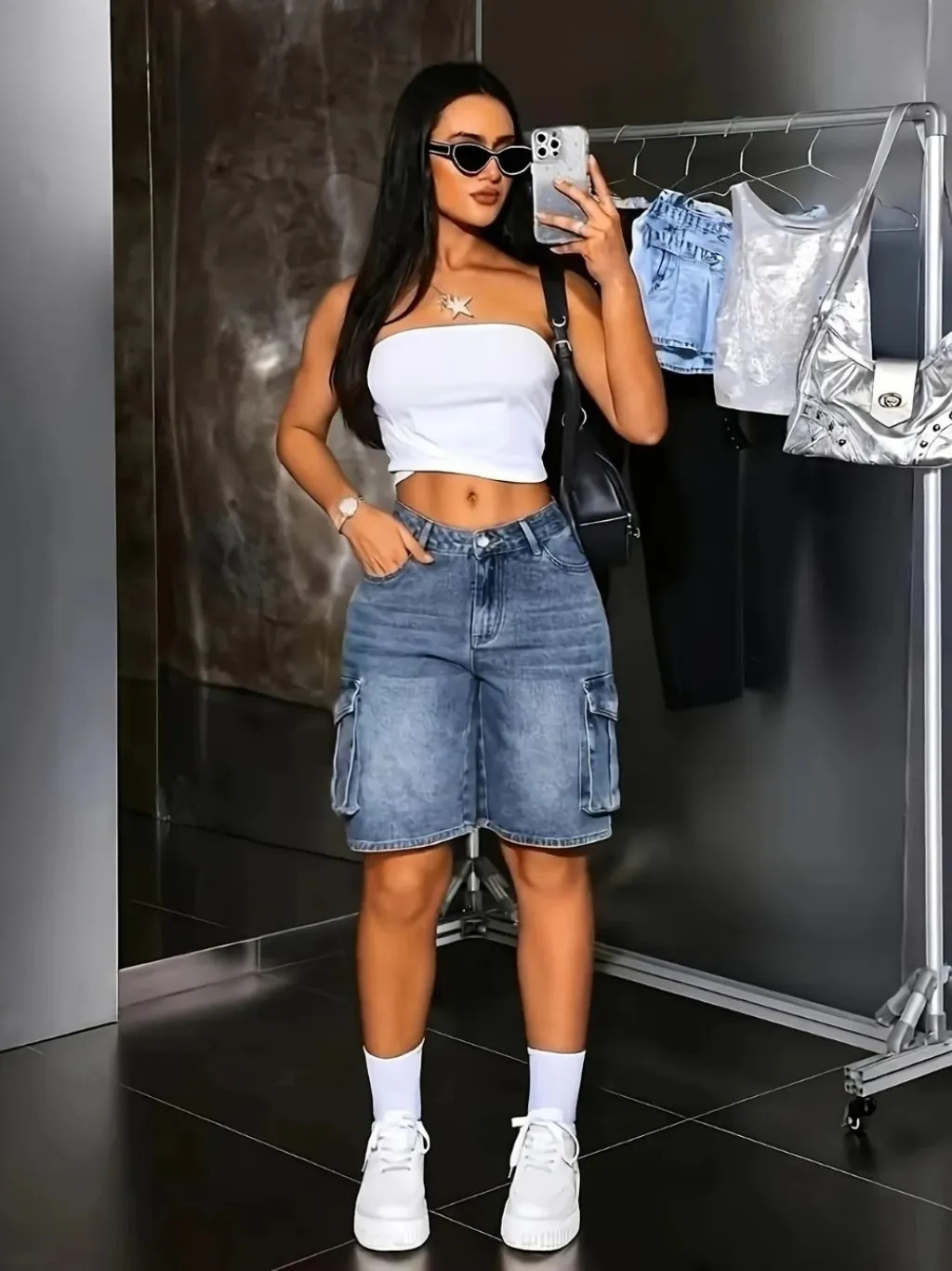 Women's Vintage Washed Blue Denim Shorts, Utility Pockets — endless ways to style it