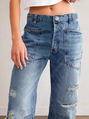 Women's Vintage Washed Ripped Straight-Leg Jeans — view 4