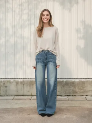 Women's Vintage Wide-Leg Washed Jeans with Metal Studs — view 1