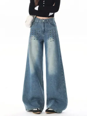 Women's Vintage Wide-Leg Washed Jeans with Metal Studs — view 2