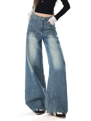 Women's Vintage Wide-Leg Washed Jeans with Metal Studs — view 3