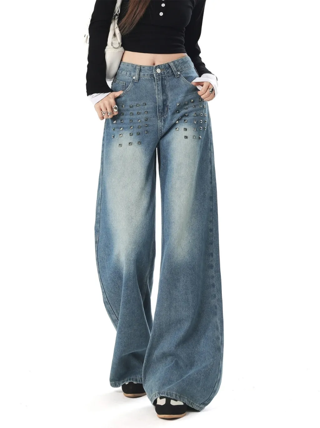 Women's Vintage Wide-Leg Washed Jeans with Metal Studs — endless ways to style it