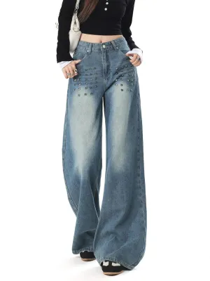 Women's Vintage Wide-Leg Washed Jeans with Metal Studs — view 4