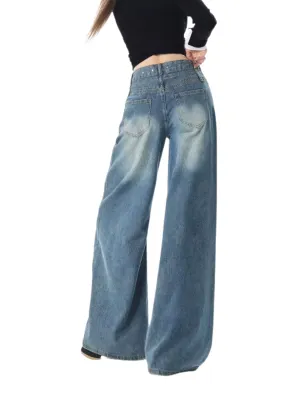 Women's Vintage Wide-Leg Washed Jeans with Metal Studs — view 5
