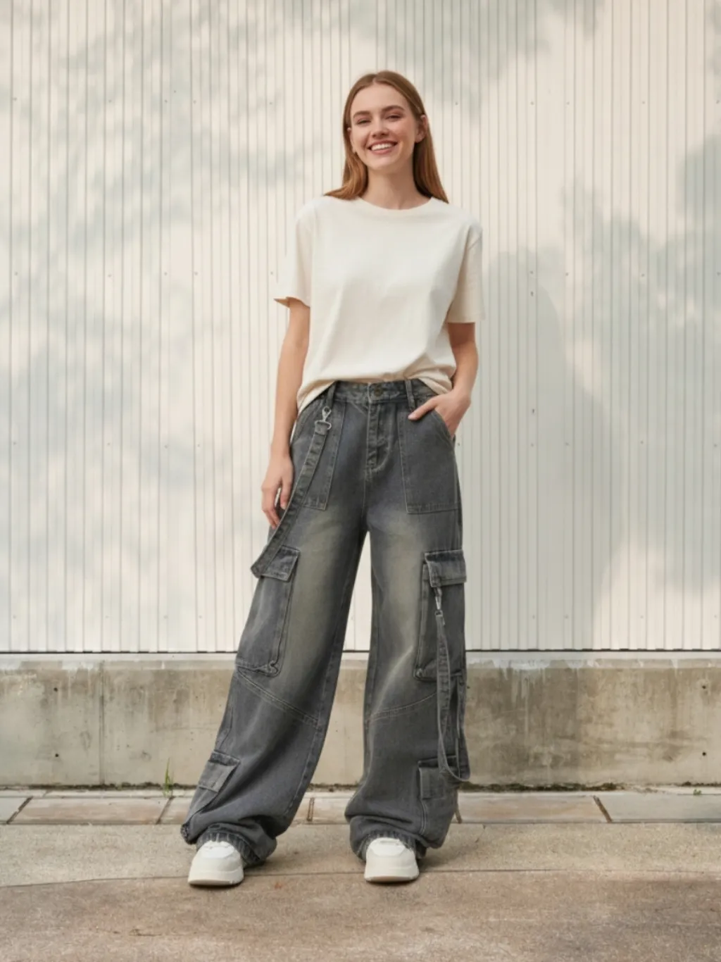 Women's Washed Black Baggy Cargo Jeans