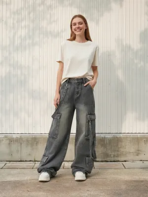 Women's Washed Black Baggy Cargo Jeans — view 1