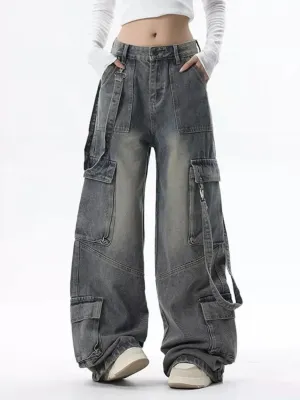Women's Washed Black Baggy Cargo Jeans — view 3