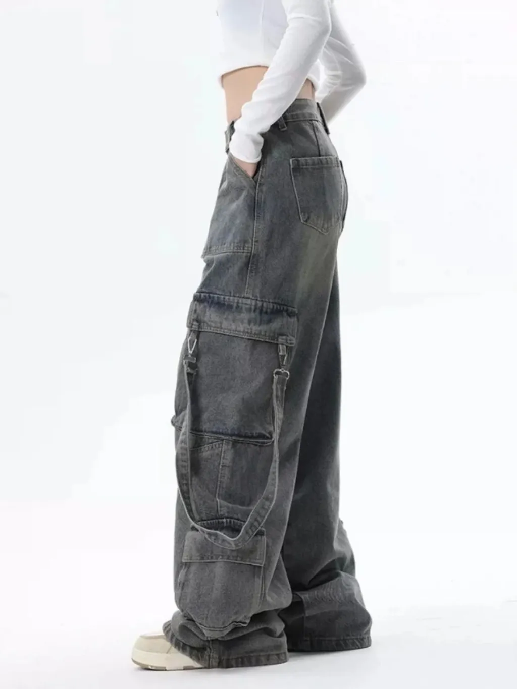 Women's Washed Black Baggy Cargo Jeans — endless ways to style it