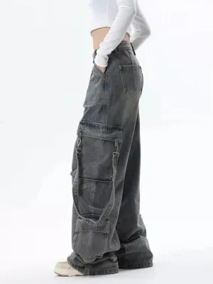 Women's Washed Black Baggy Cargo Jeans — view 4