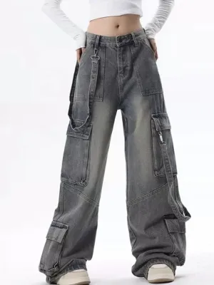Women's Washed Black Baggy Cargo Jeans — view 5