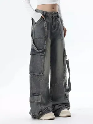 Women's Washed Black Baggy Cargo Jeans — view 6