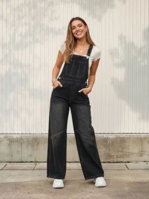 Women's Washed Black Denim Dungarees — view 1