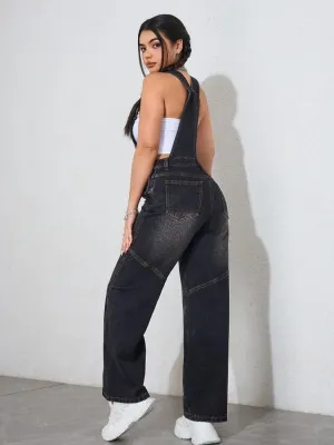 Women's Washed Black Denim Dungarees — view 3