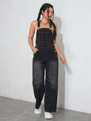 Women's Washed Black Denim Dungarees — view 4