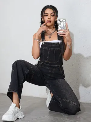 Women's Washed Black Denim Dungarees — view 6