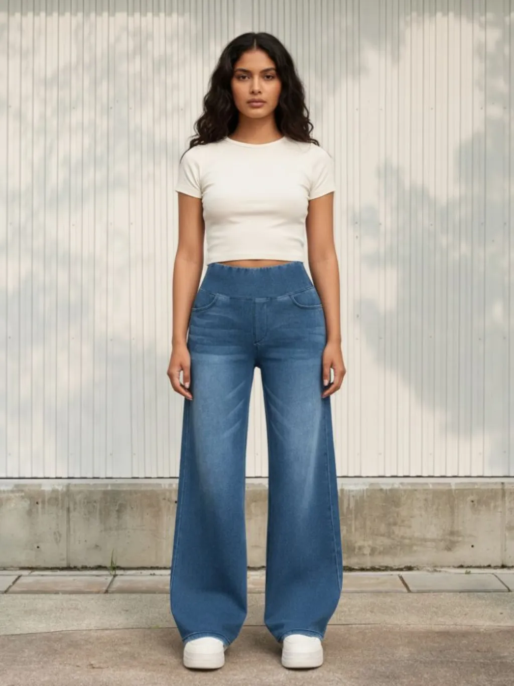 Women's Washed Blue Baggy Jeans, Elasticated Waist