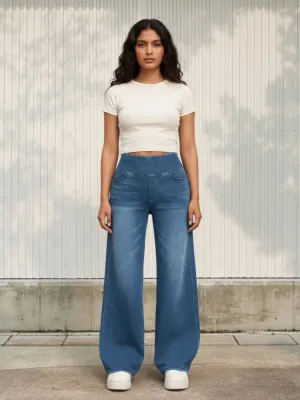 Women's Washed Blue Baggy Jeans, Elasticated Waist — view 1