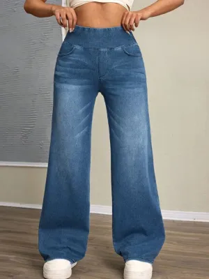 Women's Washed Blue Baggy Jeans, Elasticated Waist — view 2