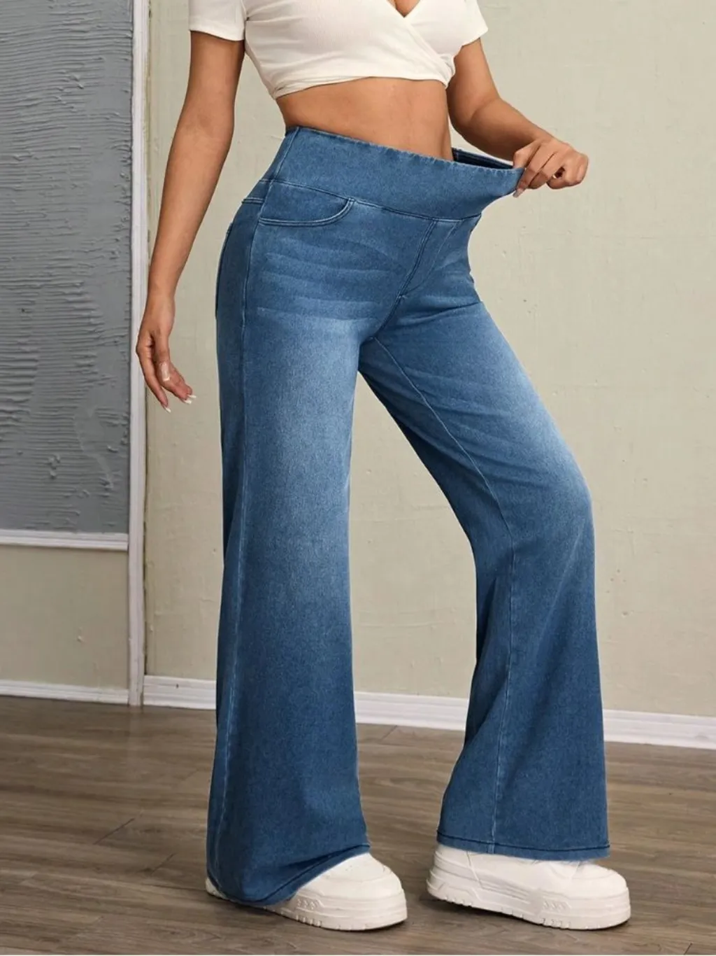 Women's Washed Blue Baggy Jeans, Elasticated Waist — quality denim, made to last