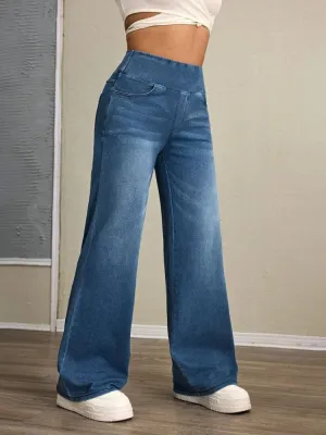 Women's Washed Blue Baggy Jeans, Elasticated Waist — view 4