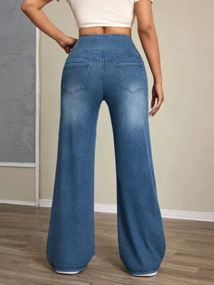 Women's Washed Blue Baggy Jeans, Elasticated Waist — view 5