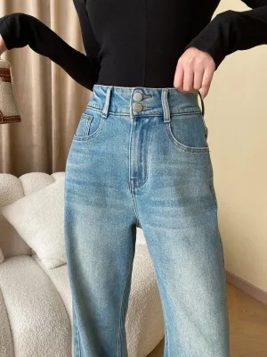 Women's Washed Blue High-Waisted Straight Jeans — view 4