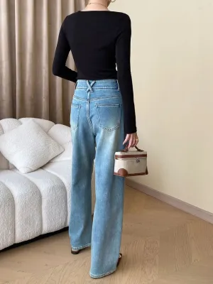 Women's Washed Blue High-Waisted Straight Jeans — view 5