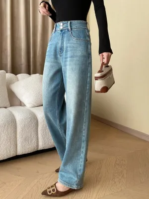 Women's Washed Blue High-Waisted Straight Jeans — view 6