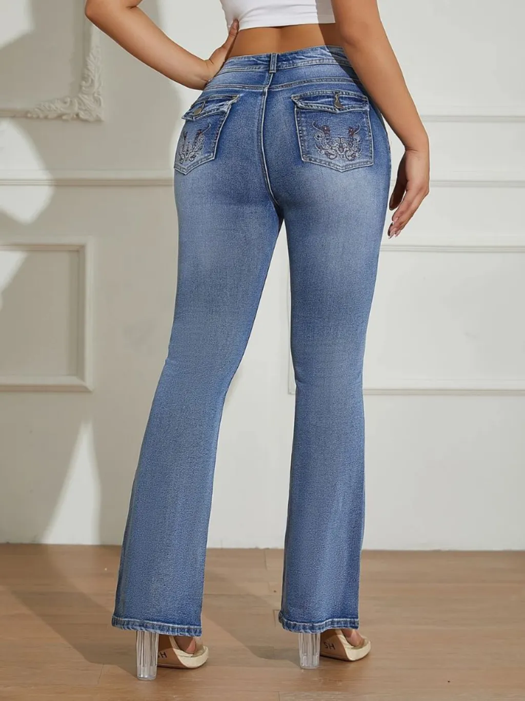 Women's Washed Bootcut Jeans with Decorative Back Pockets — quality denim, made to last