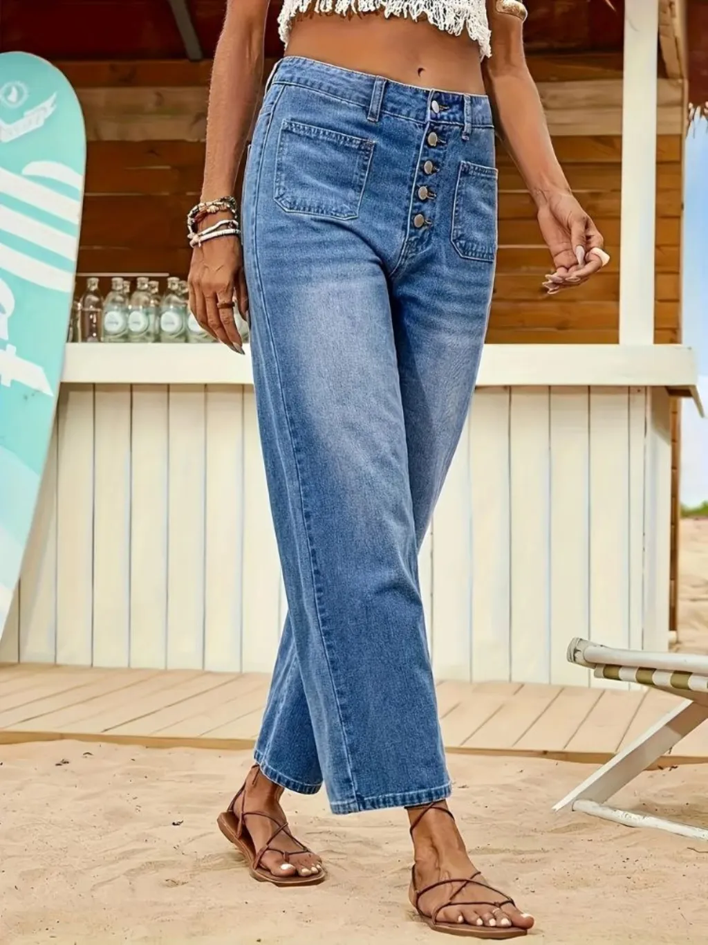 Women's Washed Cropped Jeans with Buttons — a pair designed to be worn everywhere