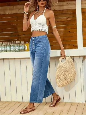 Women's Washed Cropped Jeans with Buttons — view 3