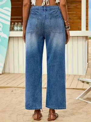 Women's Washed Cropped Jeans with Buttons — view 4