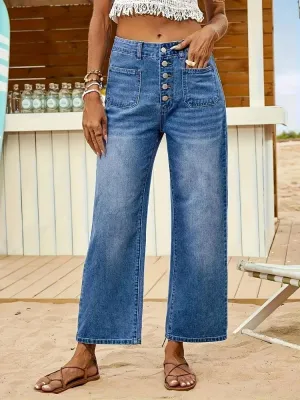 Women's Washed Cropped Jeans with Buttons — view 5
